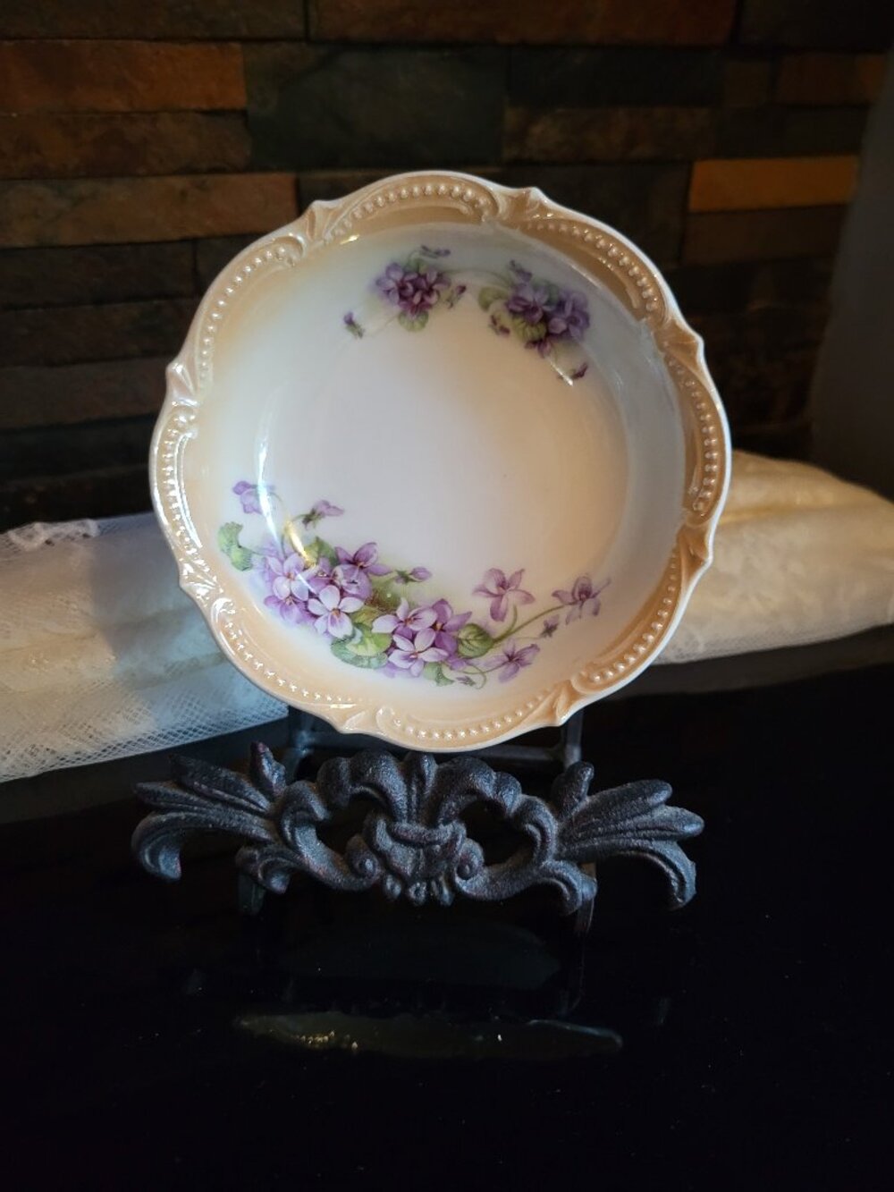 Antique P.K. Silesia Porcelain Berry Bowl Purple Violets 1914-1922 German